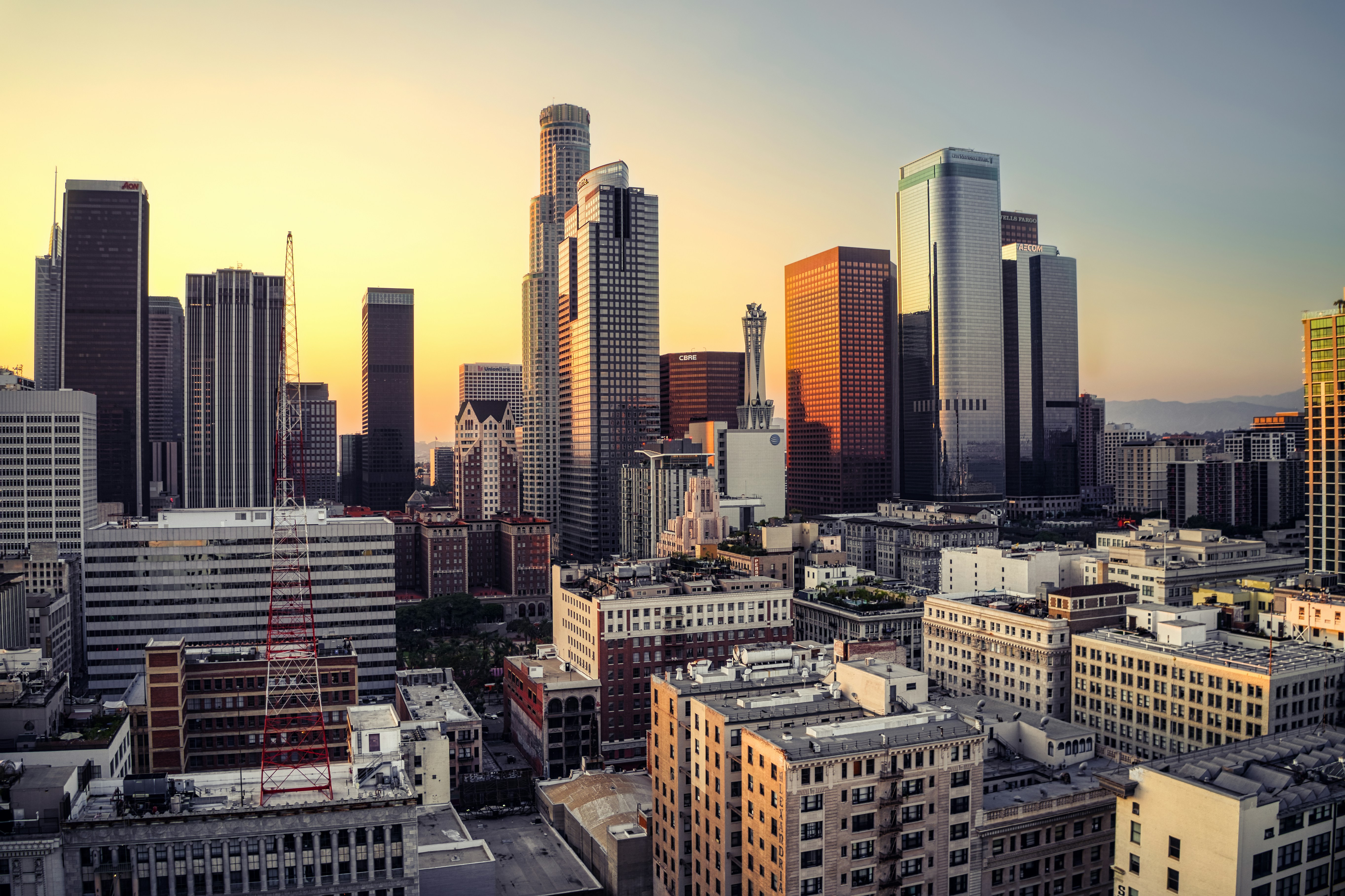 City skyline at sunset